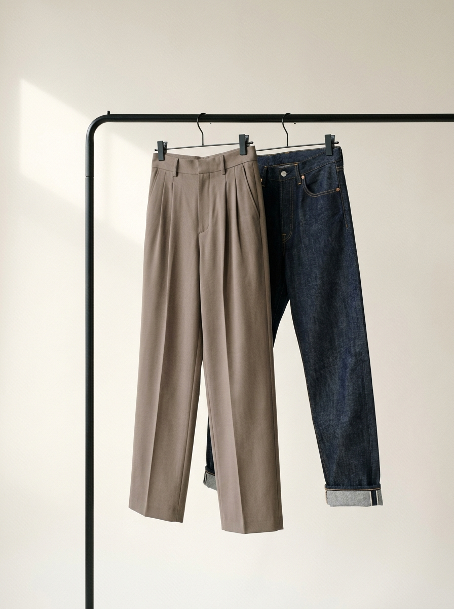 Pleated trousers on a rail