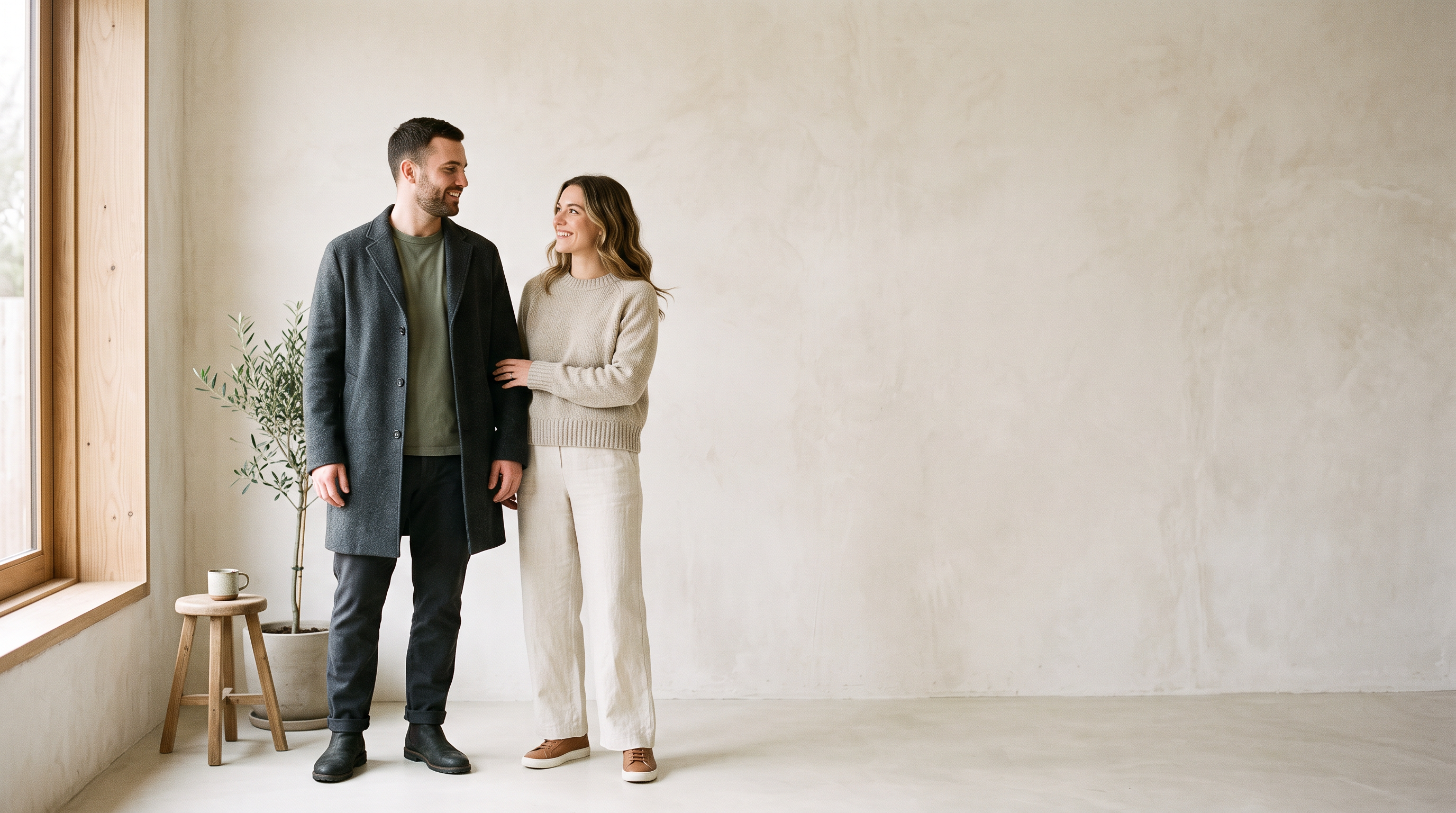 Two people in neutral-toned knitwear and tailored trousers against a plaster wall